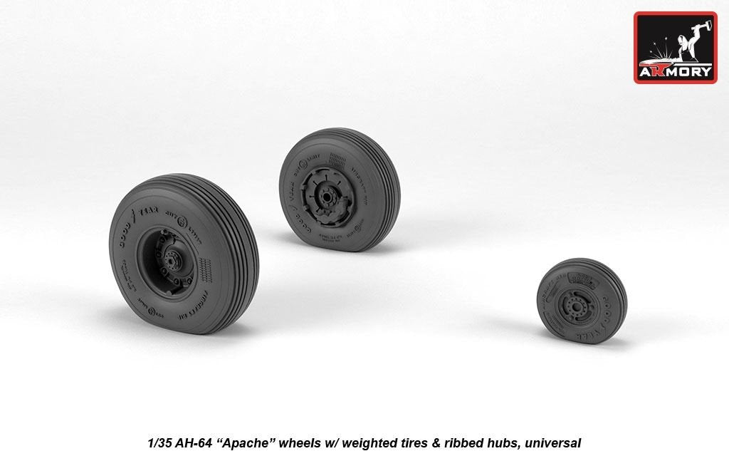 Armory Models AW35305 AH-64 Apache wheels w/ weighted tires, ribbed hubs 1/35 – immagine 3