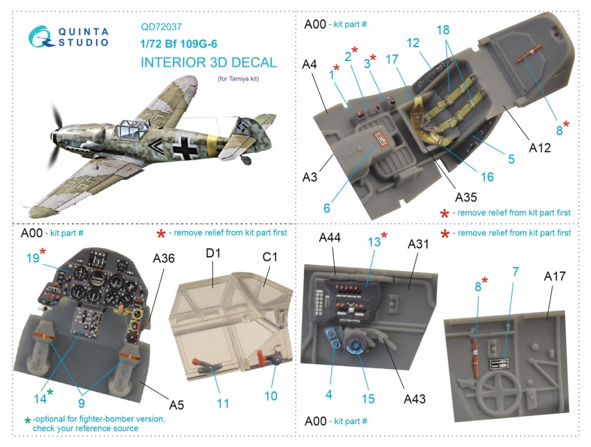 Quinta Studio QD72037 Bf 109 G-6 3D-Printed &amp;amp; coloured Interior on decal paper (Tamiya) 1/72 – immagine 2