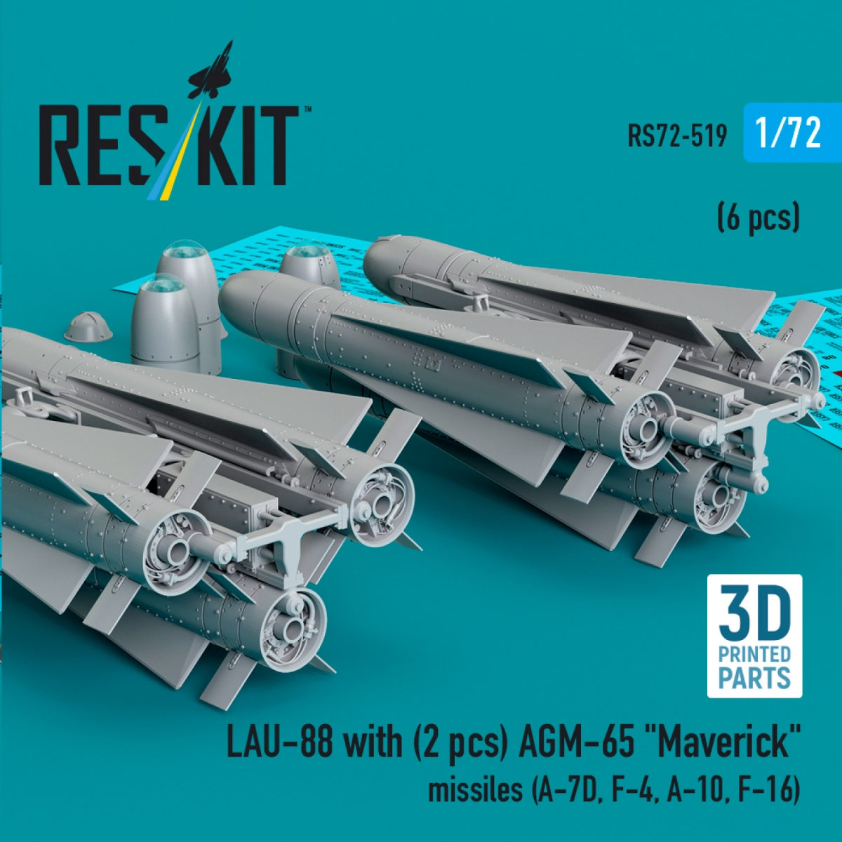 RESKIT RS72-0519 LAU-88 with (2 pcs) AGM-65 &amp;quot;Maverick&amp;quot; missiles (6 pcs) (3D Printed) 1/72 – immagine 2