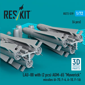 RESKIT RS72-0519 LAU-88 with (2 pcs) AGM-65 &amp;quot;Maverick&amp;quot; missiles (6 pcs) (3D Printed) 1/72 – immagine 2