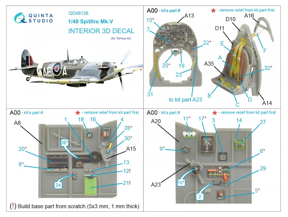 Quinta Studio QD48136 Spitfire Mk.V 3D-Printed &amp;amp; coloured Interior on decal paper (Tamiya) 1/48 – zdjęcie 12
