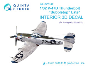 Quinta Studio QD32198 P-47D Thunderbolt Bubbletop Late 3D-Printed colored Interior on decal paper (Hasegawa) 1/32