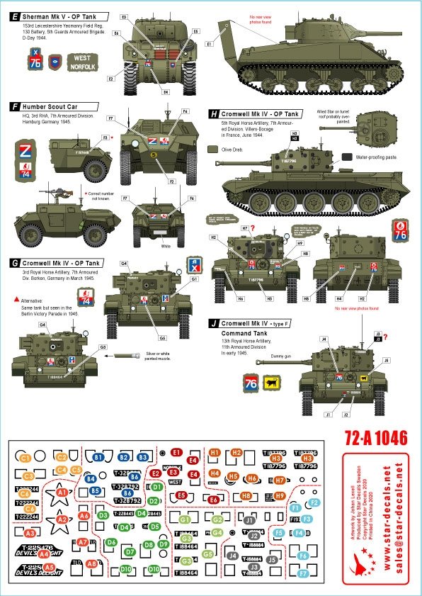 Star Decals 72-A1046 Artillerie royale n° 2. Spécial 75e anniversaire du Débarquement. Chars d&amp;#39;opérations - Sherman, Cromwell et Humber SC 1/72 – image 2