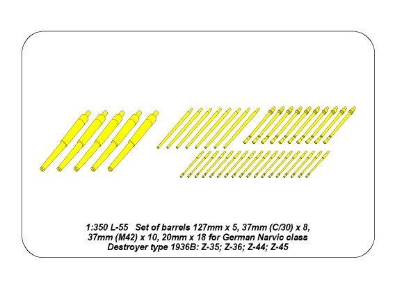 Aber 350L-55 Set of Barrels for Narvic class destroyers type 1936B: 127mm x 5; 37mm (C/30) x 8; 37mm(M42) x 10; 20mm x 18 (1/350) – image 3