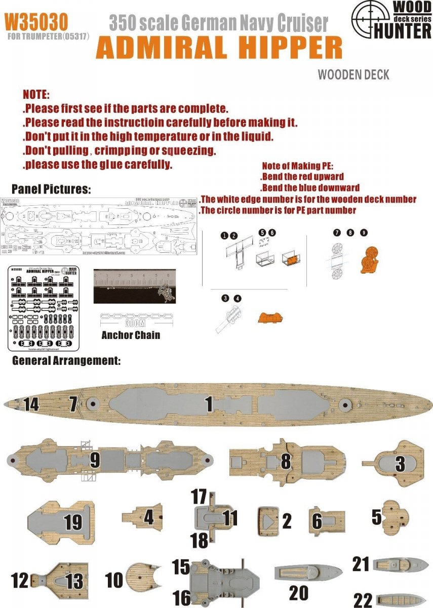 Wood Hunter W35030 Pont en bois Amiral allemand Hipper pour Trumpeter (1/350)