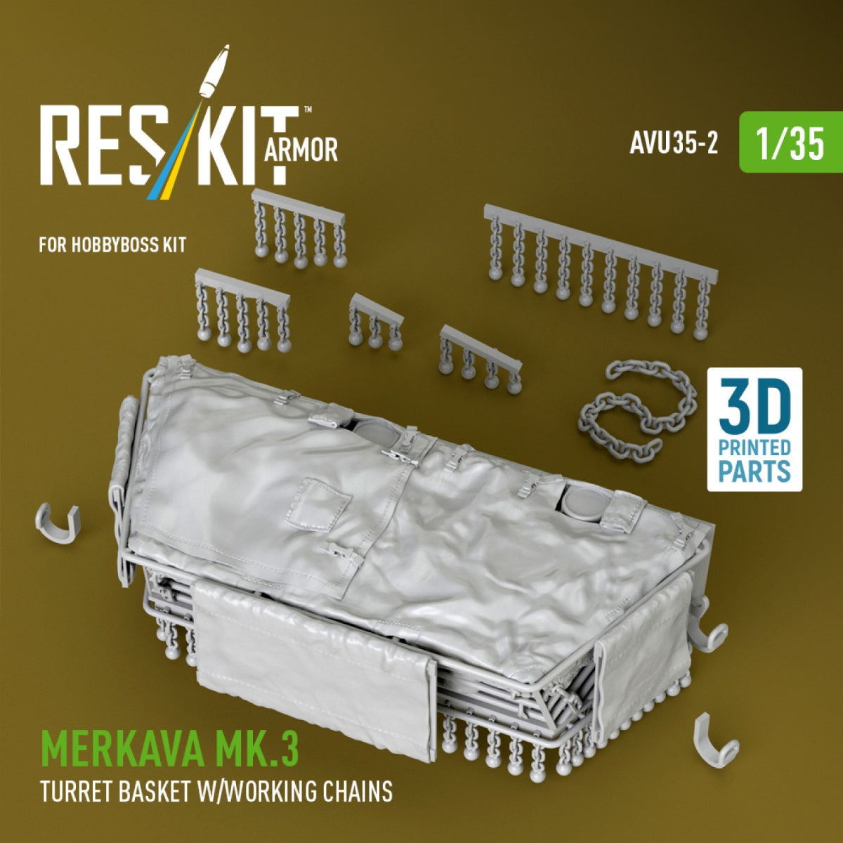 RESKIT AVU35-0002 Merkava Mk.3 turret stowage basket w/working chains for HobbyBoss kit (3D Printed) 1/35