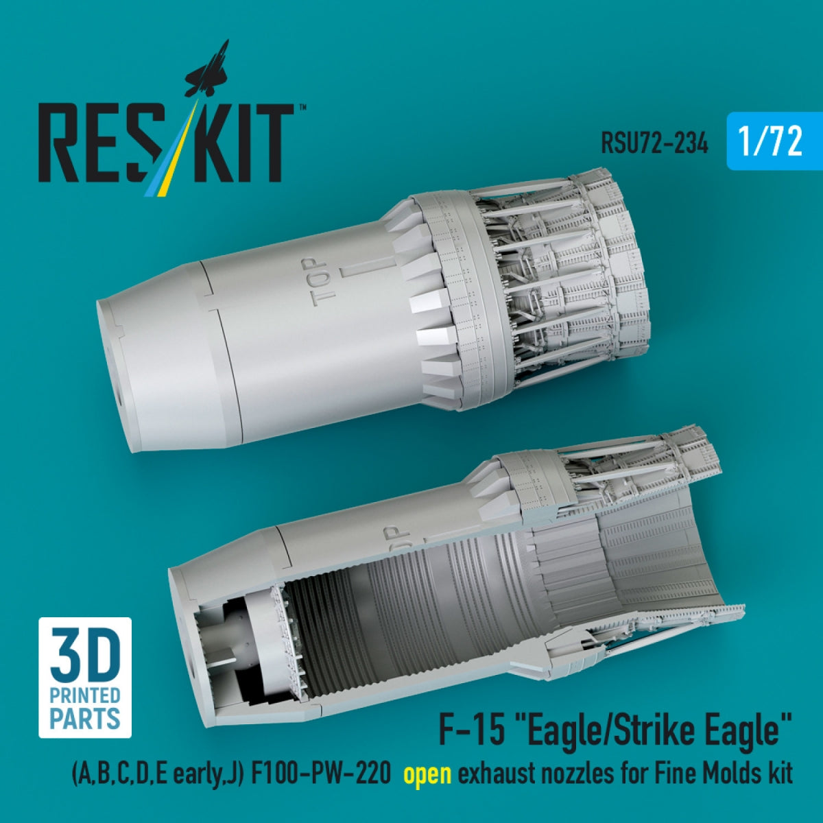 RESKIT RSU72-0234 F-15 "Eagle/Strike Eagle" (A,B,C,D,E early,J) F100-PW-220 open exhaust nozzles for Fine Molds kit (3D Printed) 1/72