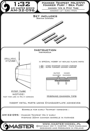 Master AM-32-096 Hawker Tempest Mk.II/V/VI i Hawker Fury/Sea Fury - końcówki luf Hispano Mk.V i Rurka Pitota 1/32 – immagine 4