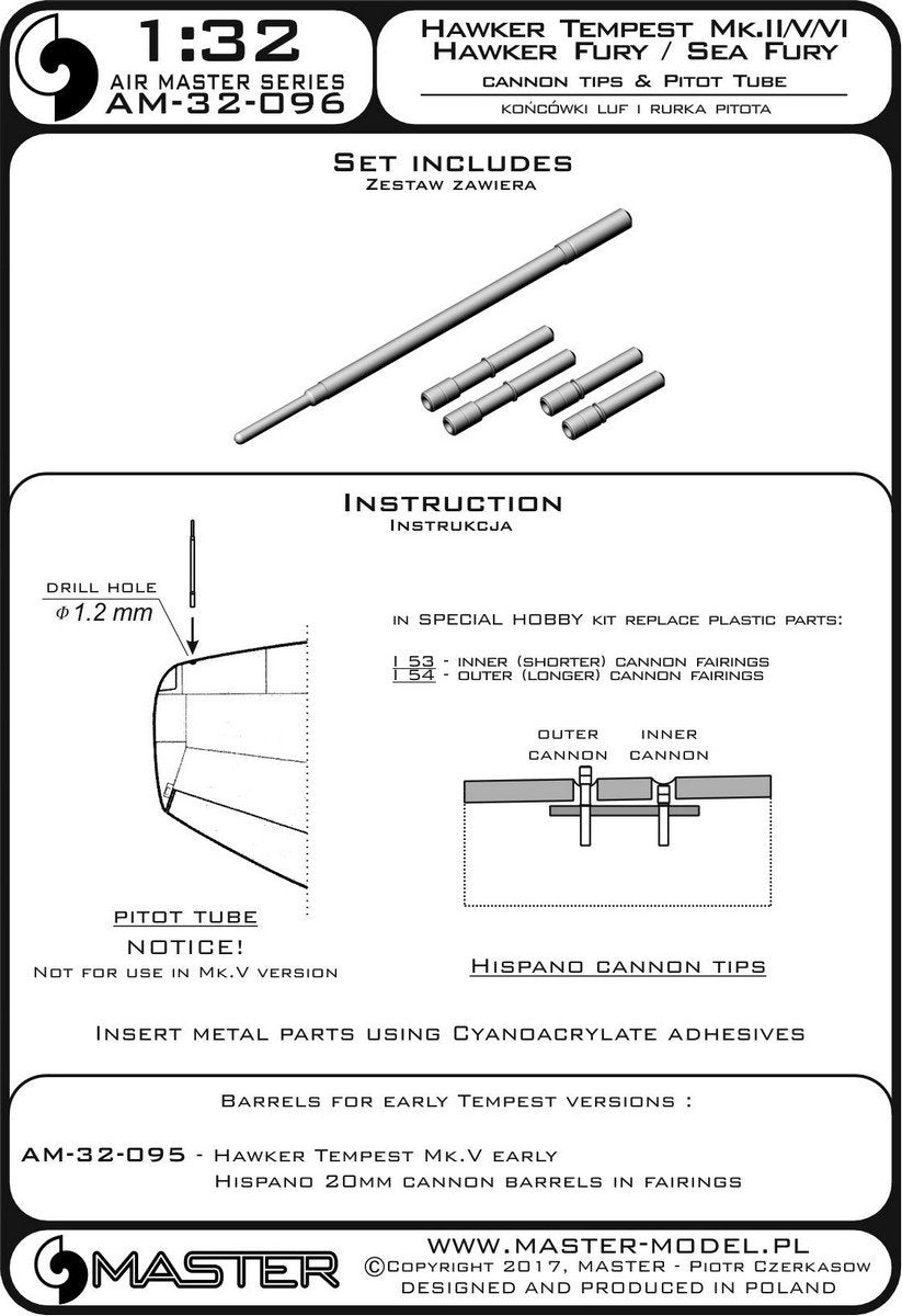 Master AM-32-096 Hawker Tempest Mk.II/V/VI i Hawker Fury/Sea Fury - końcówki luf Hispano Mk.V i Rurka Pitota 1/32 – immagine 4