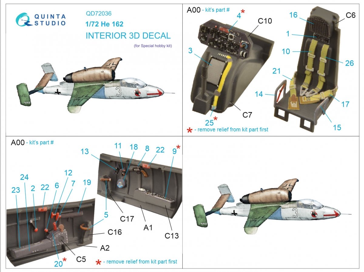 Quinta Studio QD72036 He 162 3D-Printed &amp;amp; coloured Interior on decal paper (Special Hobby) 1/72 – immagine 11