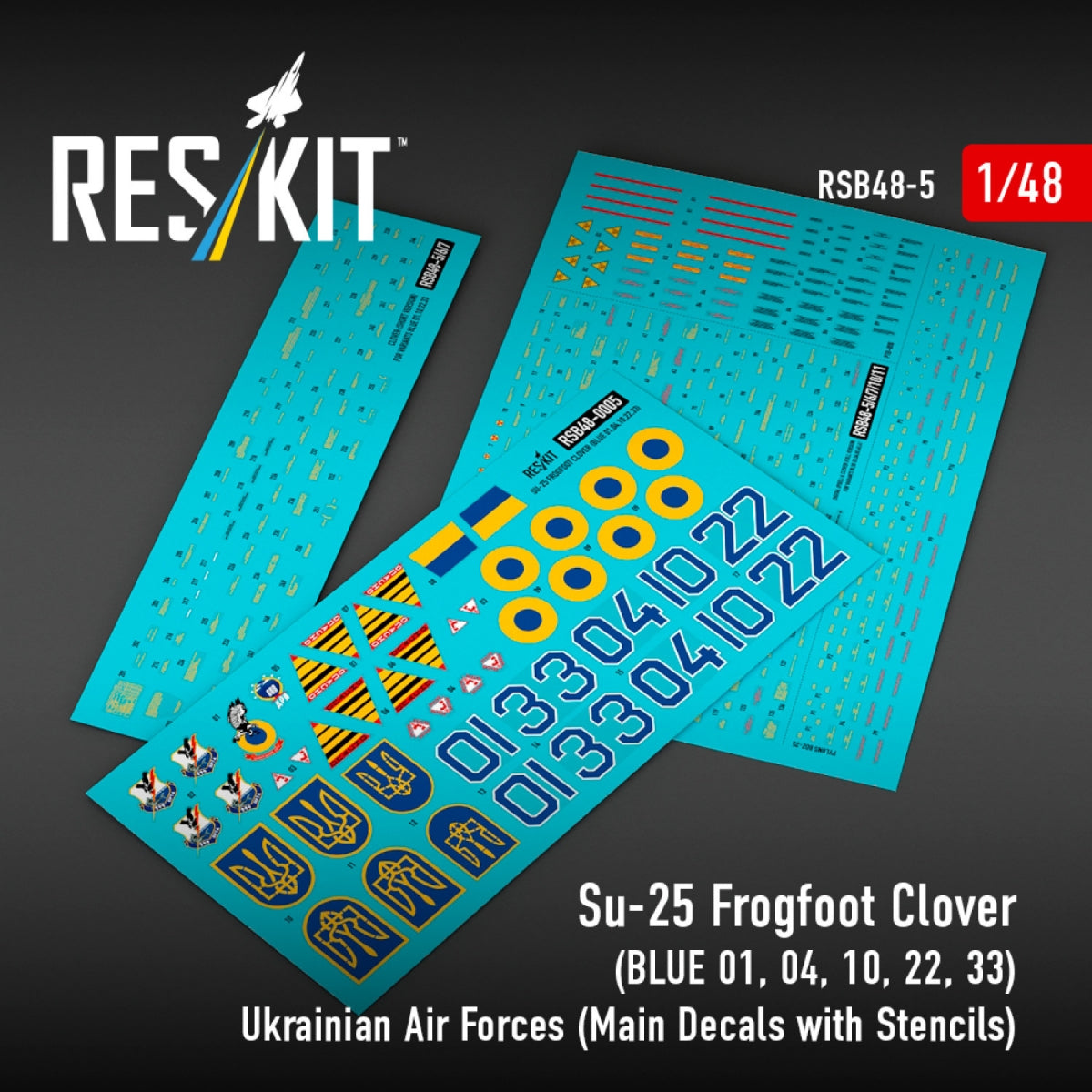 RESKIT RSB48-0005 Su-25 Frogfoot Clover (BLUE 01, 04, 10, 22, 33) Ukrainian Air Forces (Main Decals with Stencils)1/48