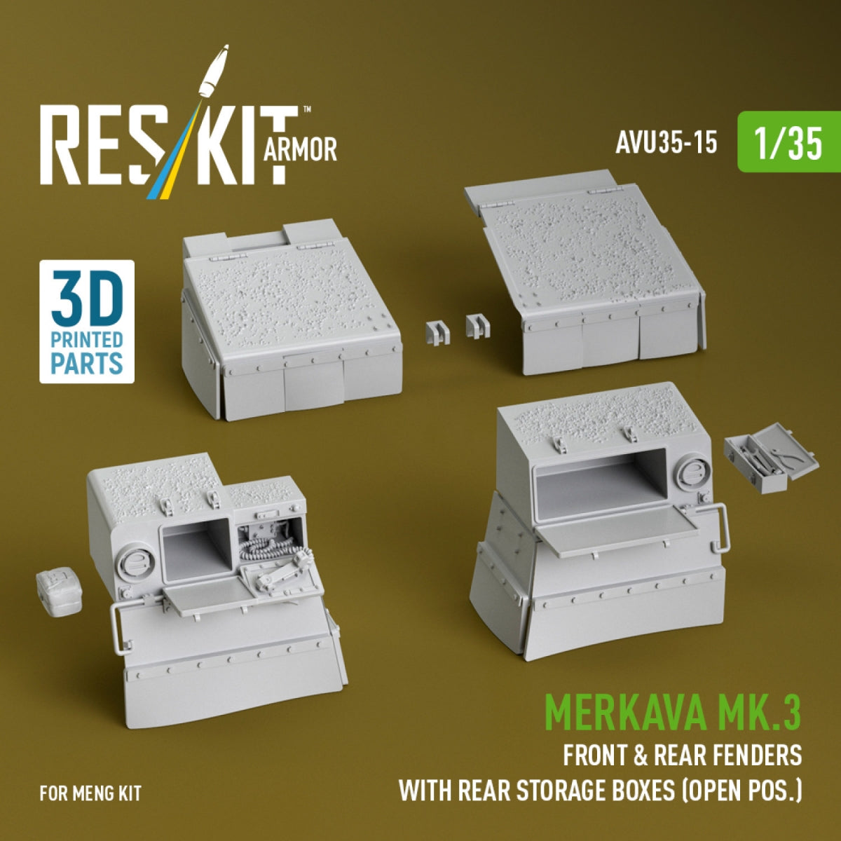 RESKIT AVU35-0015 Merkava Mk.3 front &amp; rear fenders with rear storage boxes (open pos.) for Meng kit (3D Printed) 1/35
