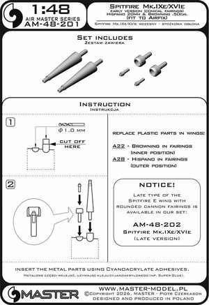 Master AM-48-201 Spitfire Mk.IXe/XVIe wczesna wersja - stożkowa osłona luf działek Hispano 20mm oraz km Browning .50cal w osłonie (do modelu Airfix) 1/48 – immagine 6