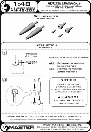 Master AM-48-202 Spitfire Mk.IXe/XVIe późna wersja - zaokrąglona osłona luf działek Hispano 20mm oraz km Browning .50cal w osłonie (do modelu Airfix) 1/48 – immagine 6