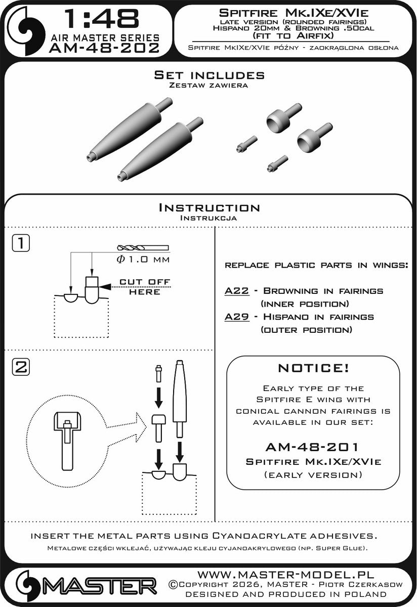 Master AM-48-202 Spitfire Mk.IXe/XVIe późna wersja - zaokrąglona osłona luf działek Hispano 20mm oraz km Browning .50cal w osłonie (do modelu Airfix) 1/48 – immagine 6