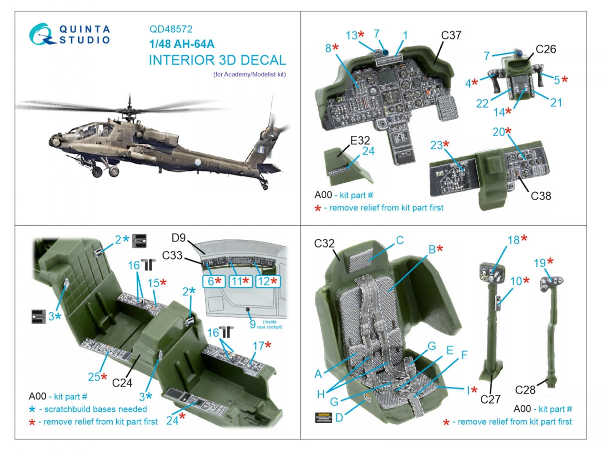 Quinta Studio QD48572 AH-64A 3D-Printed &amp;amp; coloured Interior on decal paper (Academy/Modelist) 1/48 – Bild 12