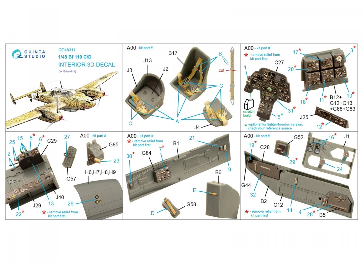 Quinta Studio QD48311 Bf 110C/D 3D-Printed &amp;amp; colored Interior on decal paper (Eduard) 1/48 – image 6