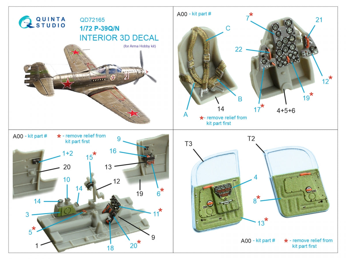 Quinta Studio QD72165 P-39Q/N Airacobra 3D-Printed coloured Interior on decal paper (Arma Hobby) 1/72 – immagine 2