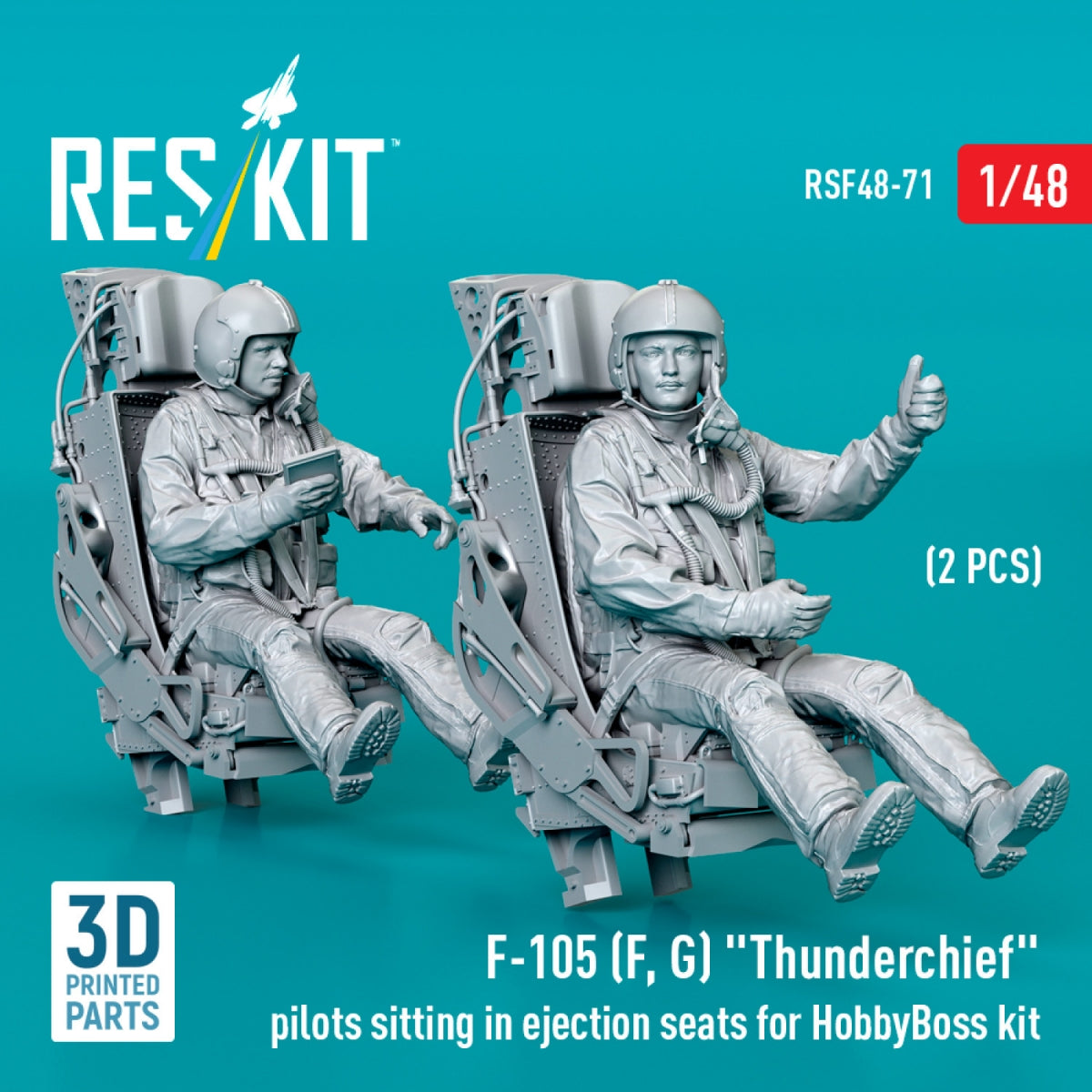 RESKIT RSF48-0071 F-105 (F, G) &amp;quot;Thunderchief&amp;quot; pilots sitting in ejection seats for HobbyBoss kit (2 pcs) (3D Printed) 1/48 – immagine 2