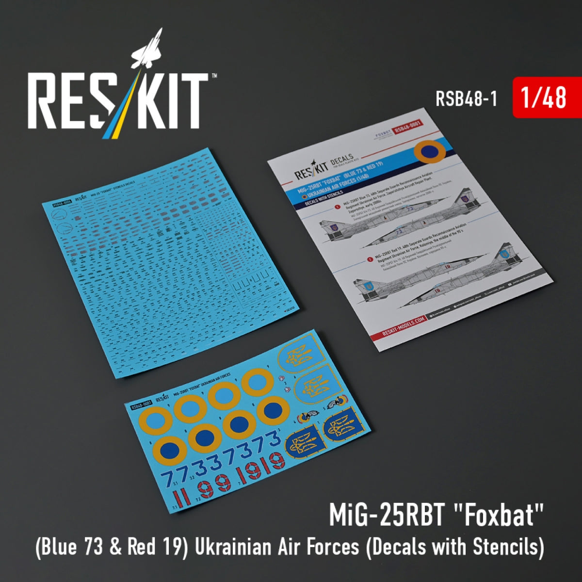 RESKIT RSB48-0001 MiG-25RBT "Foxbat" (Blue 73 & Red 19) Ukrainian Air Forces (Decals with Stencils) 1/48