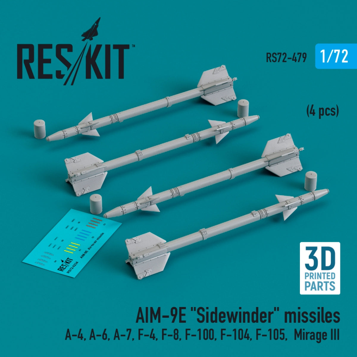 RESKIT RS72-0479 AIM-9E &amp;quot;Sidewinder&amp;quot; missiles (4 pcs) (3D Printed) 1/72