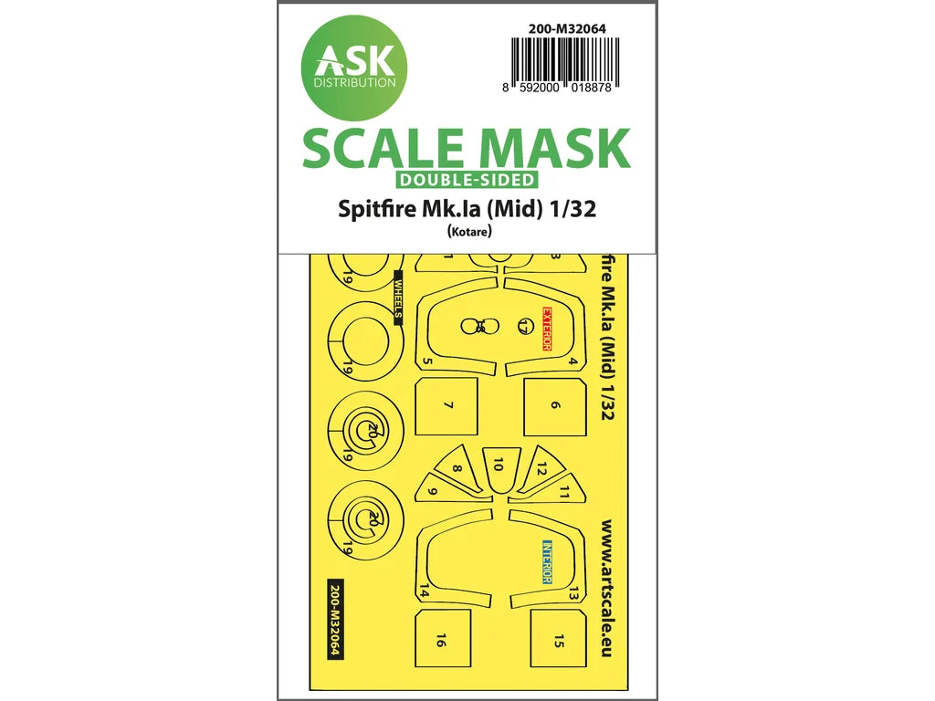 Art Scale Kit M32064 Spitfire Mk.Ia (Mid) Double-Sided Express Fit and Self Adhesive Mask for Kotare 1/32