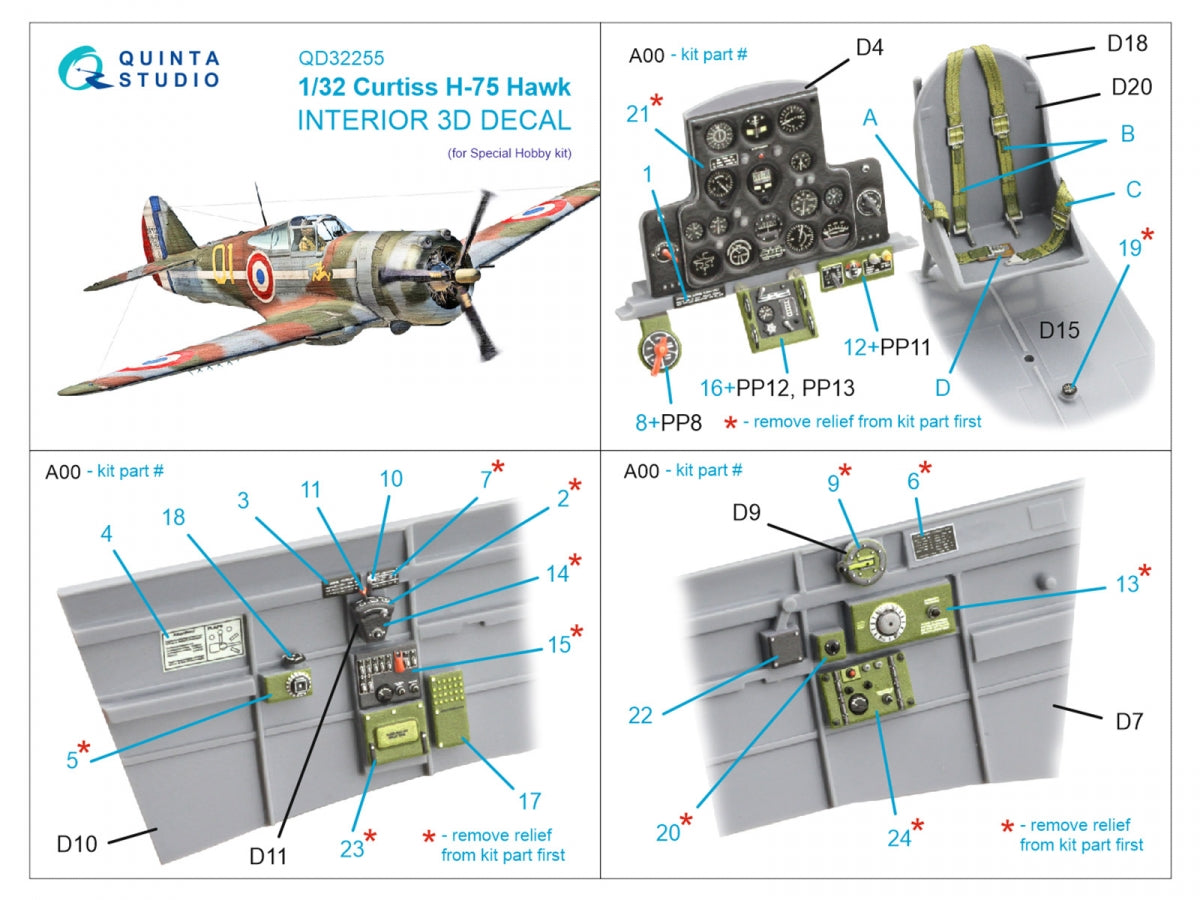 Quinta Studio QD32255 Curtiss H-75 Hawk 3D-Printed &amp;amp; coloured Interior on decal paper (Special Hobby) 1/32 – imagen 2