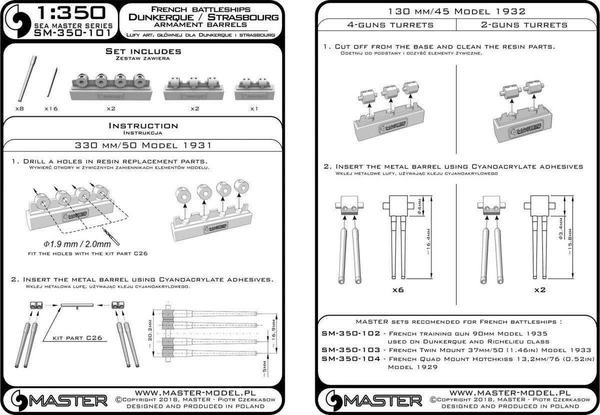 Master SM-350-101 Uzbrojenie pancernika Dunkerque/Strasbourg – lufy 330mm (8 szt.), 130 mm (16 szt.) wraz z żywicznymi elementami do osadzenia luf 1/350 – immagine 6