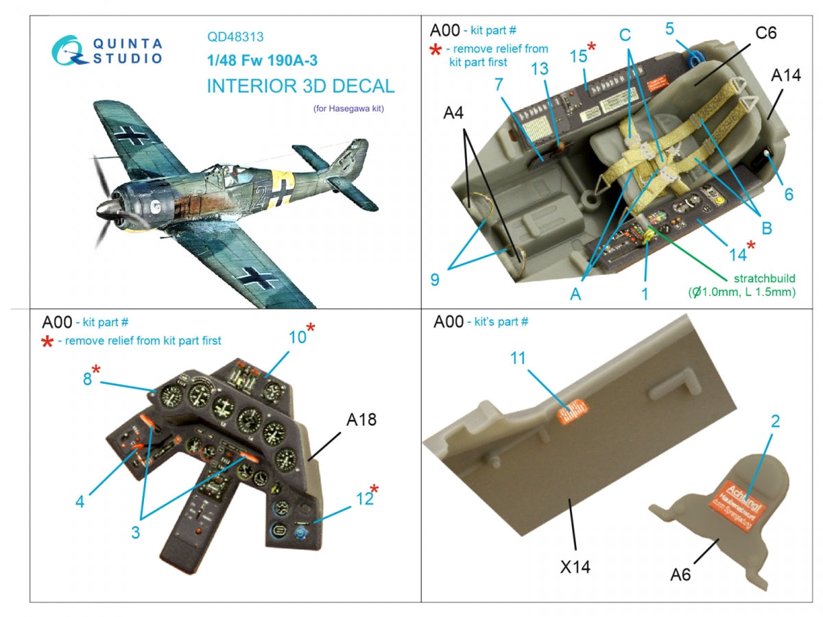 Quinta Studio QD48313 Fw 190A-3 3D-Printed &amp;amp; coloured Interior on decal paper (Hasegawa) 1/48 – immagine 2