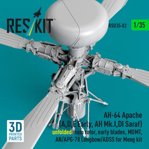 RESKIT RSU35-0082 AH-64 Apache (A,D,E Early, AH Mk.I,DI Saraf) unfolded main rotor, early blades, MUMT, AN/APG-78 Longbow/ADSS for Meng kit (3D Printed)1/35