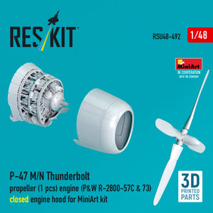 RESKIT RSU48-0492 P-47 M/N Thunderbolt propeller (1 pcs), engine (P&amp;W R-2800-57C &amp; 73) closed engine hood for MiniArt kit (3D Printed) 1/48