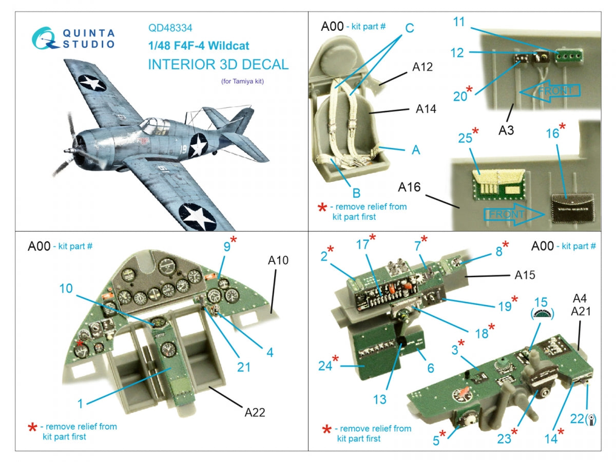 Quinta Studio QD48334 F4F-4 Wildcat 3D-Printed &amp;amp; coloured Interior on decal paper (Tamiya) 1/48 – immagine 2