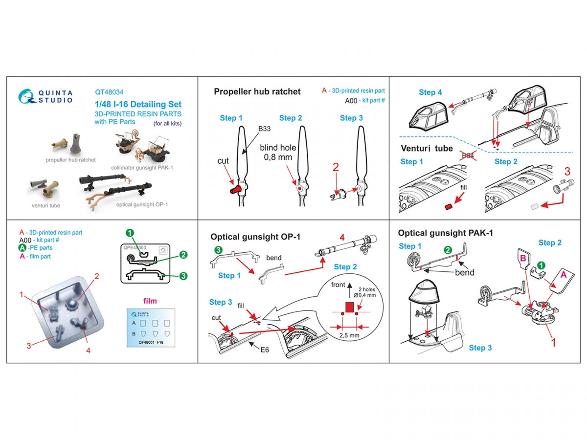 Quinta Studio QT48034 I-16 Detail set: Propeller hub ratchet, Venturi tube, PAK-1 gunsight, OP-1 gunsight (all kits) 1/48 – Bild 11