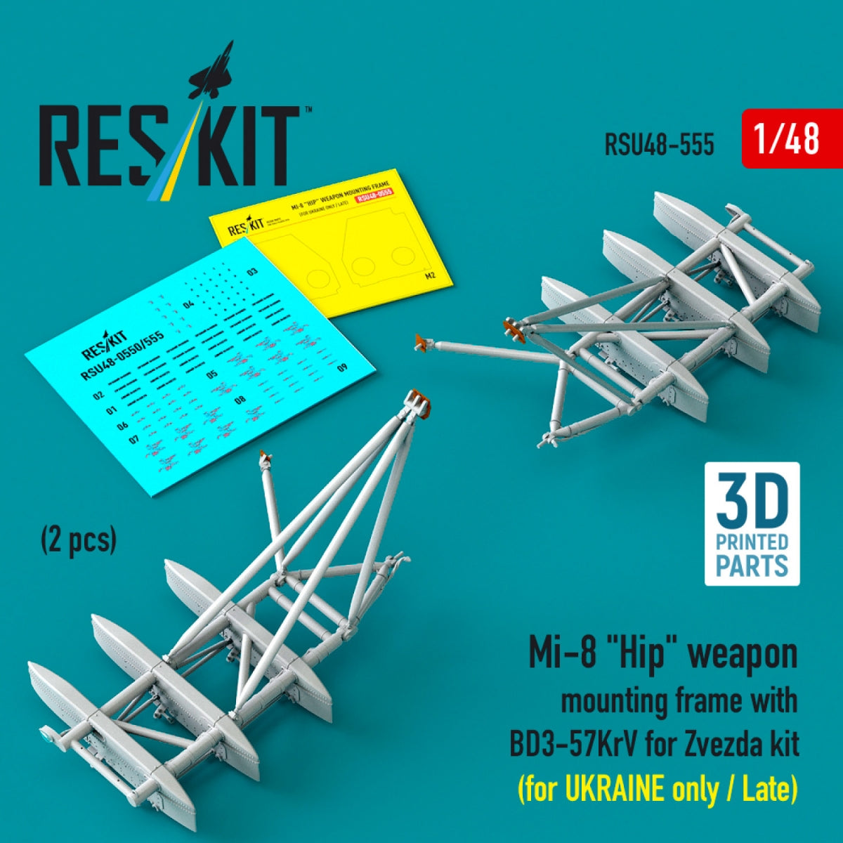 RESKIT RSU48-0555 Mi-8 "Hip" weapon mounting frame with BD3-57KrV for Zvezda kit (for UKRAINE only / Late) (2 pcs) (3D Printed) 1/48
