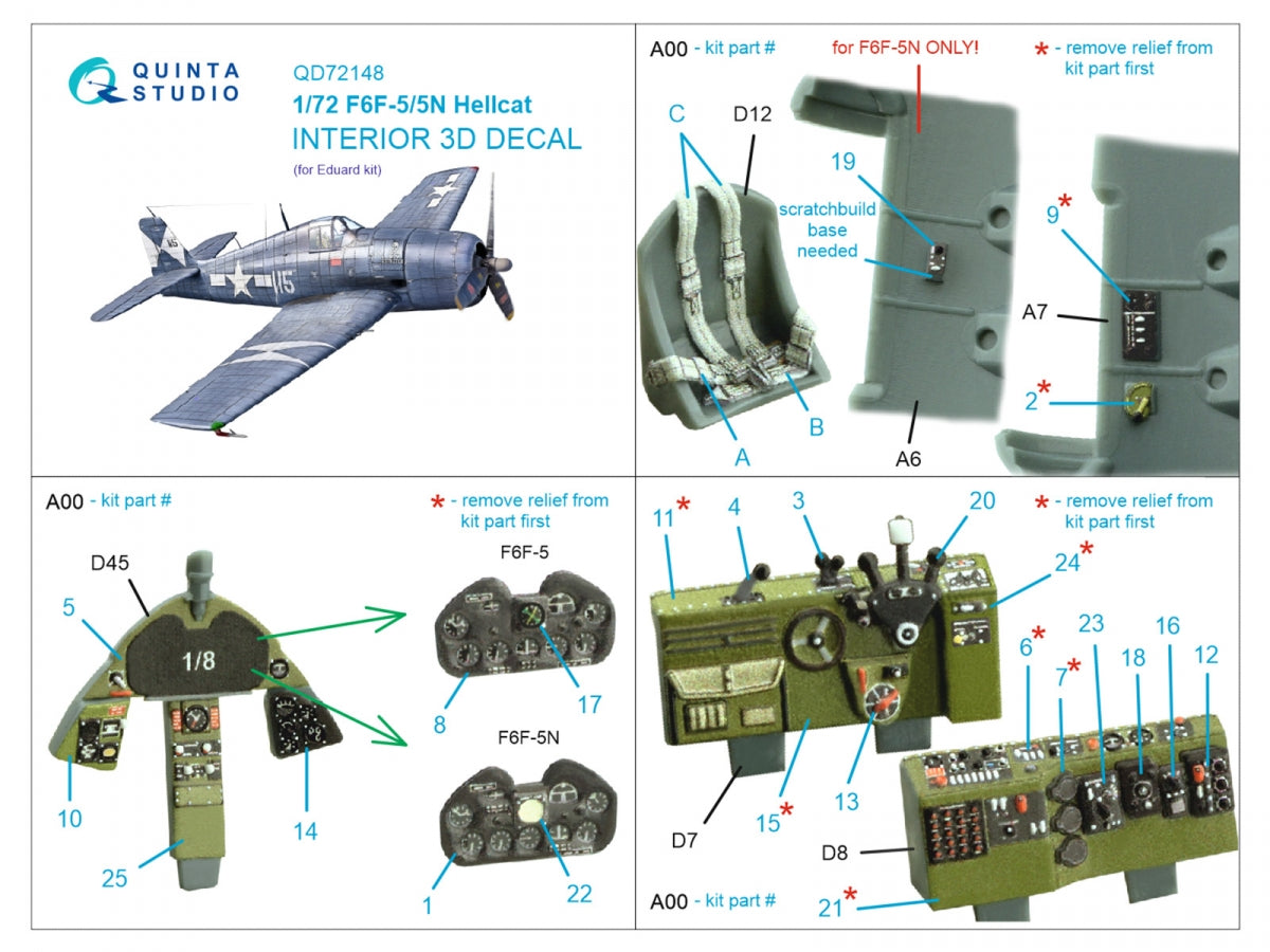 Quinta Studio QD72148 F6F-5 Hellcat 3D-Printed coloured Interior on decal paper (Eduard) 1/72 – immagine 2