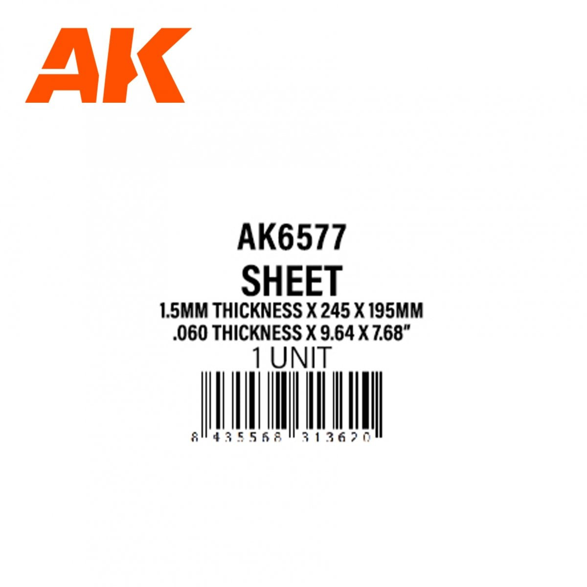 AK Interactive AK6577 1,5 MM D&amp;#39;ÉPAISSEUR X 245 X 195 MM – FEUILLE DE STYRÈNE – (1 UNITÉ) – image 2