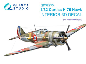 Quinta Studio QD32255 Curtiss H-75 Hawk 3D-Printed &amp;amp; coloured Interior on decal paper (Special Hobby) 1/32