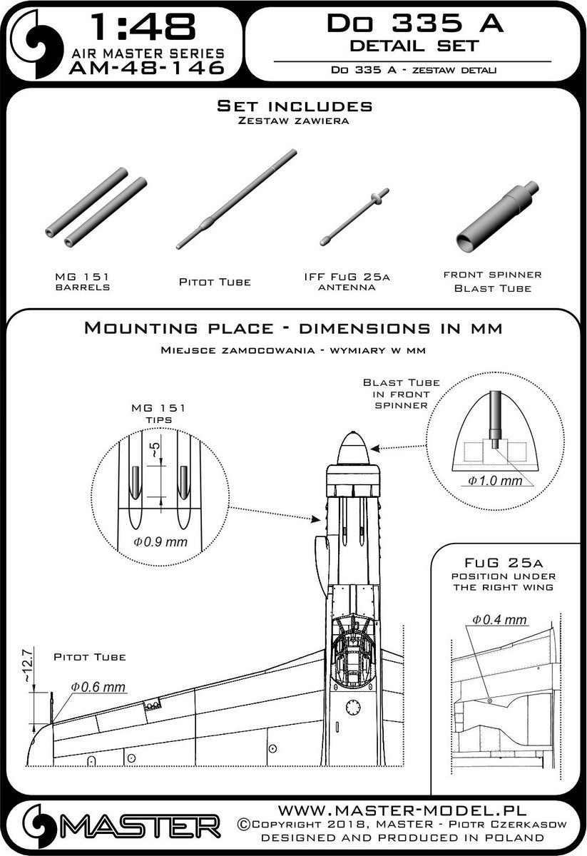 Master AM-48-146 Do 335 A – zestaw detali – MG 151, antena FuG 25a, rurka Pitota 1/48 – immagine 3