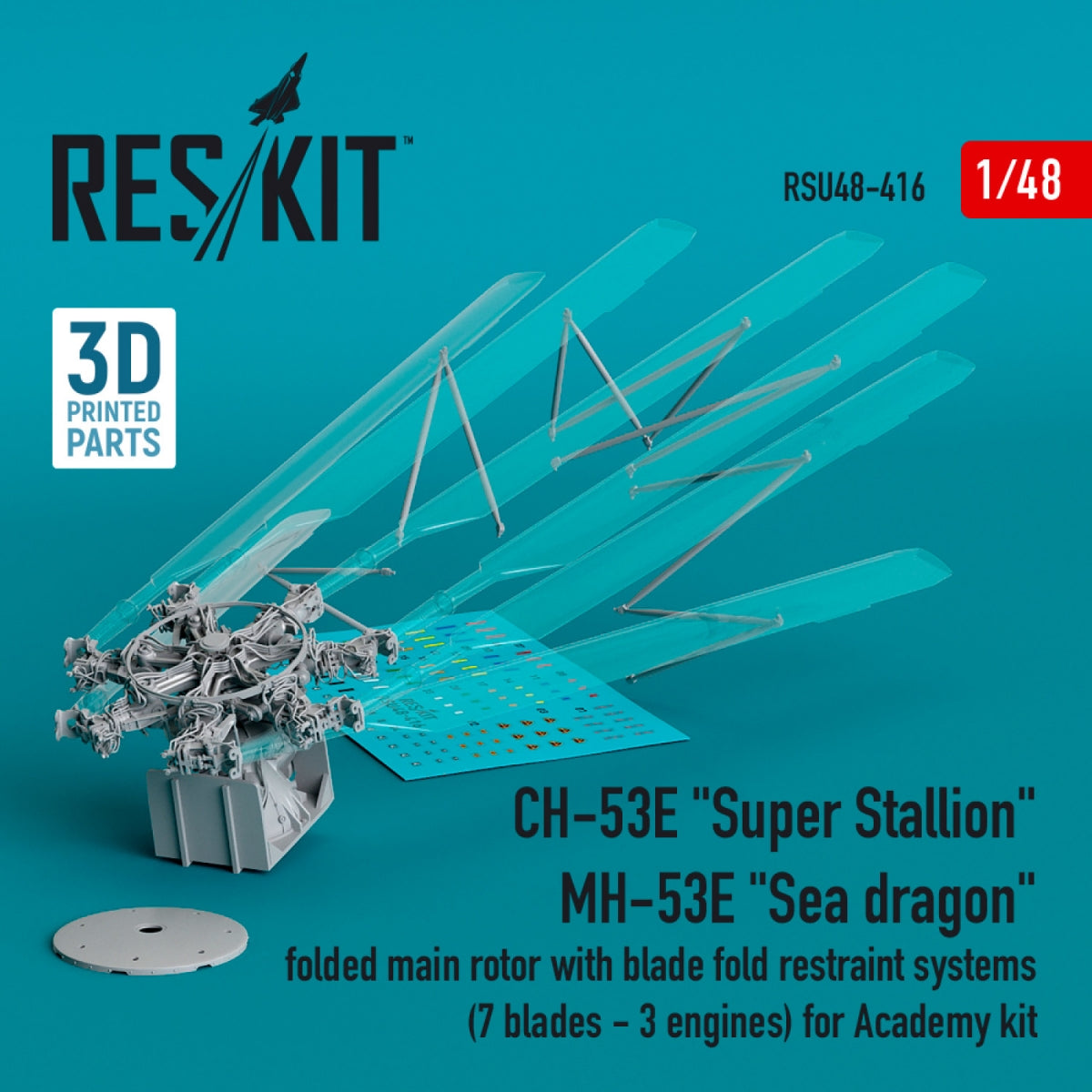 RESKIT RSU48-0416 CH-53E "Super Stallion", MH-53E "Sea dragon" folded main rotor with blade fold restraint systems (7 blades - 3 engines) for Academy kit (3D printed) 1/48