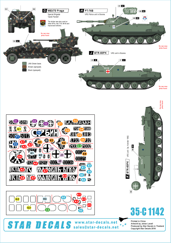 Star Decals 35-C1142 Serbian (SVK and VRS) M18 Hellcat, M36B2 Jackson, M84, PT-76B, BTR-50PK, M53/59 Praga SPAAG 1/35 – immagine 2