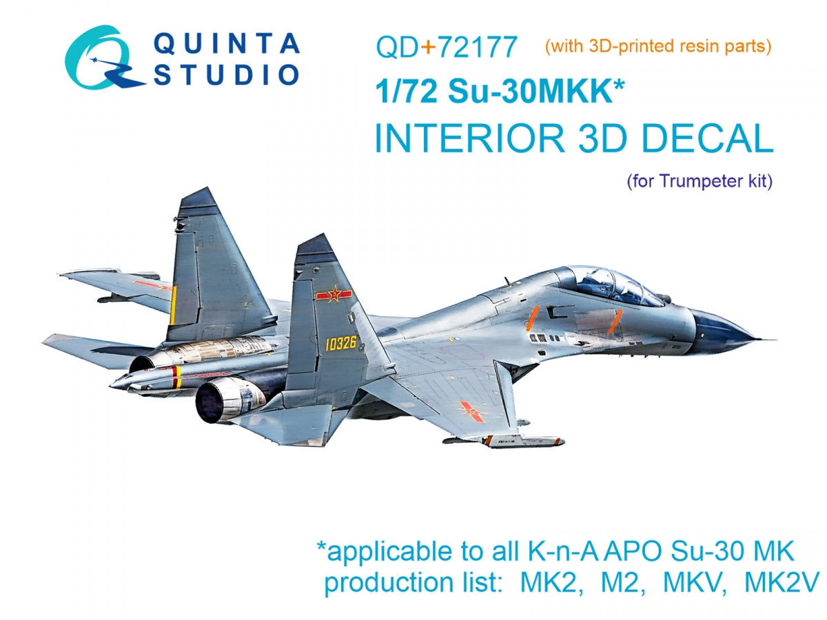 Quinta Studio QD+72177 Su-30MKK 3D-Printed & coloured Interior on decal paper (Trumpeter) (with 3D-printed resin part) 1/72
