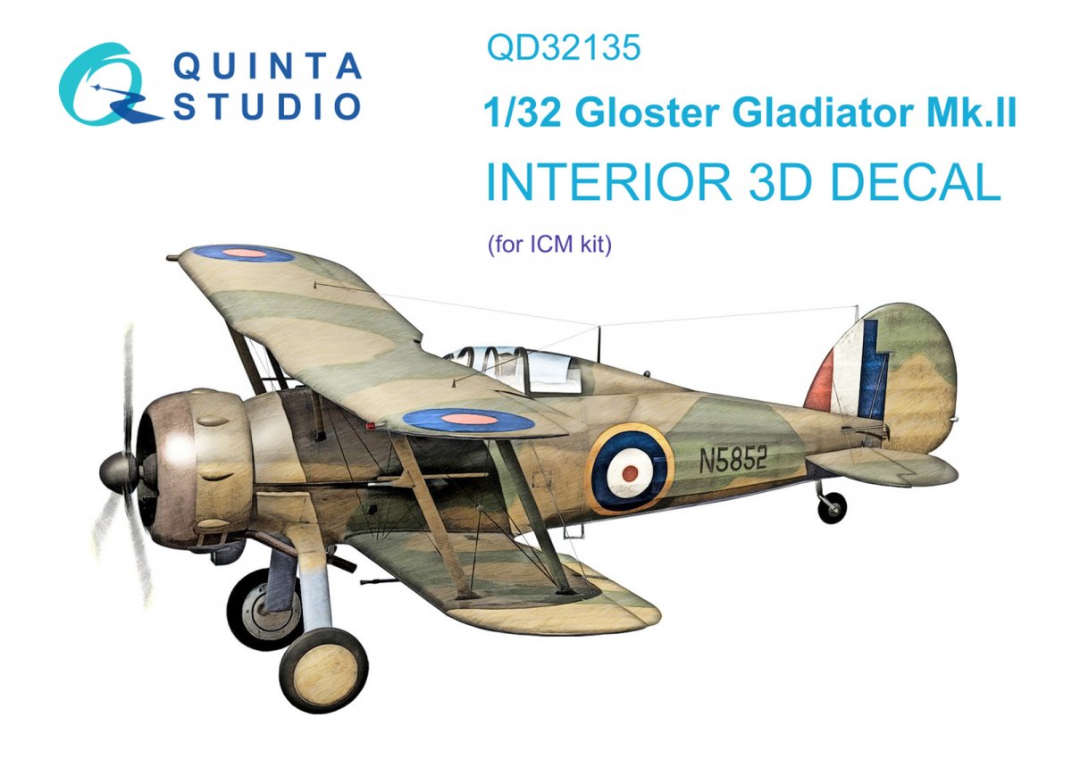 Quinta Studio QD32135 Gloster Gladiator Mk II 3D-Printed &amp;amp; coloured Interior on decal paper (ICM) 1/32