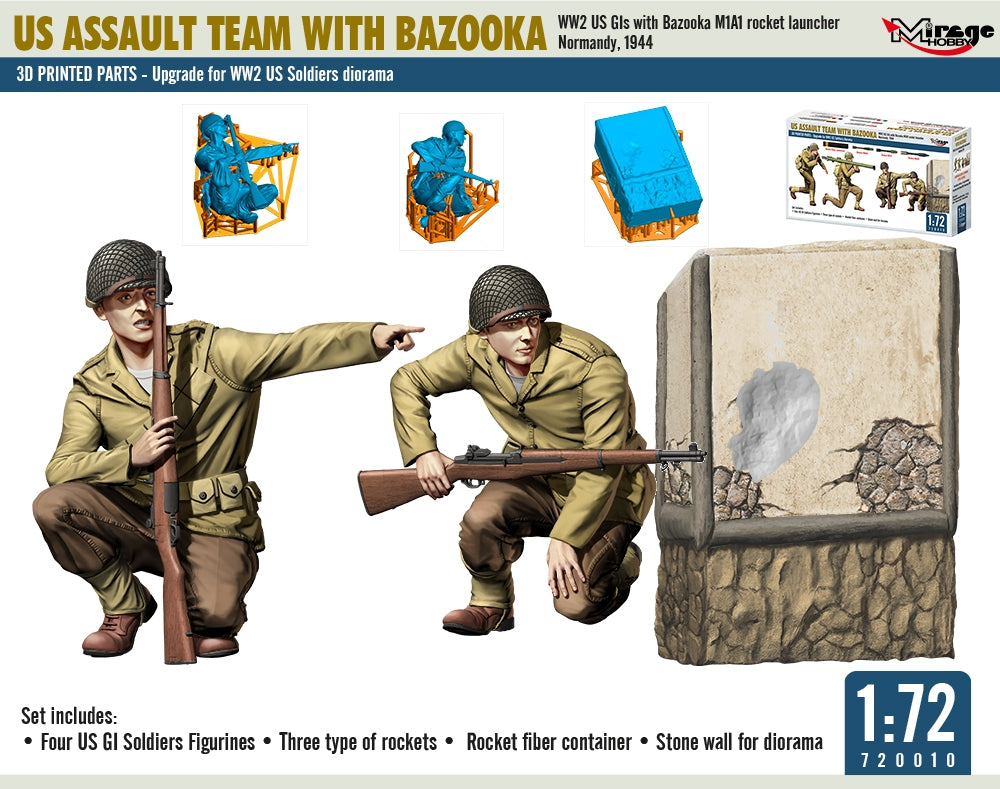 Mirage Hobby 720010 US ASSAULT TEAM WITH BAZOOKA, WW2 US GIs with Bazooka M1A1 Rocket Launcher Normandy, 1944 1/72 – image 4