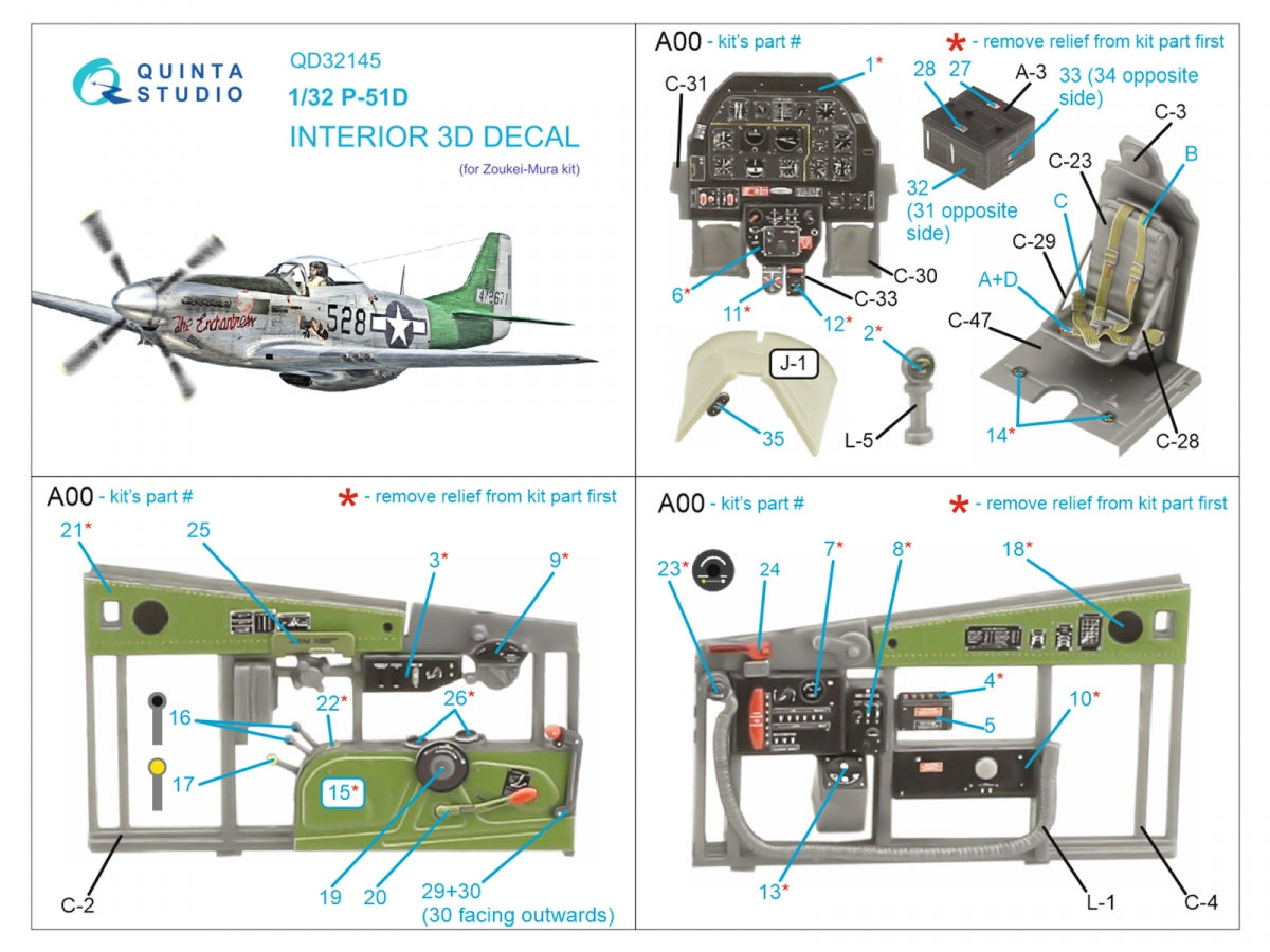 Quinta Studio QD32145 P-51D Mustang 3D-Printed &amp;amp; coloured Interior on decal paper (Zoukei-Mura SWS) 1/32 – immagine 2