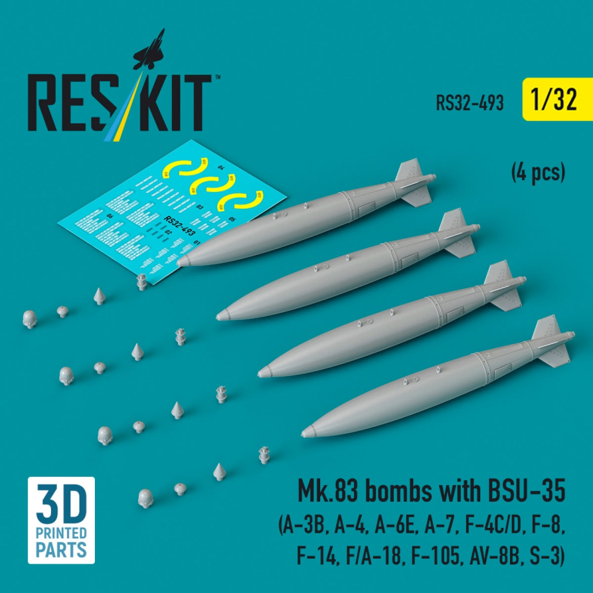 RESKIT RS32-0493 Mk.83 bombs with BSU-35 (4 pcs) (3D printed) 1/32