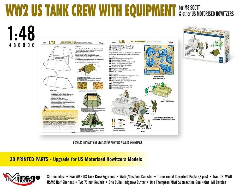 Mirage Hobby 480006 WW2 US Tank Crew With Equipment For M8 Scott And Other US Motorised Howitzers 1/48 – immagine 3