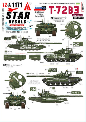 Star Decals 72-A1171 War in Ukraine # 23 Russian T-72B3 in Mariupol 2022. T-72B3 obr. 2012 and obr. 2016. 1/72