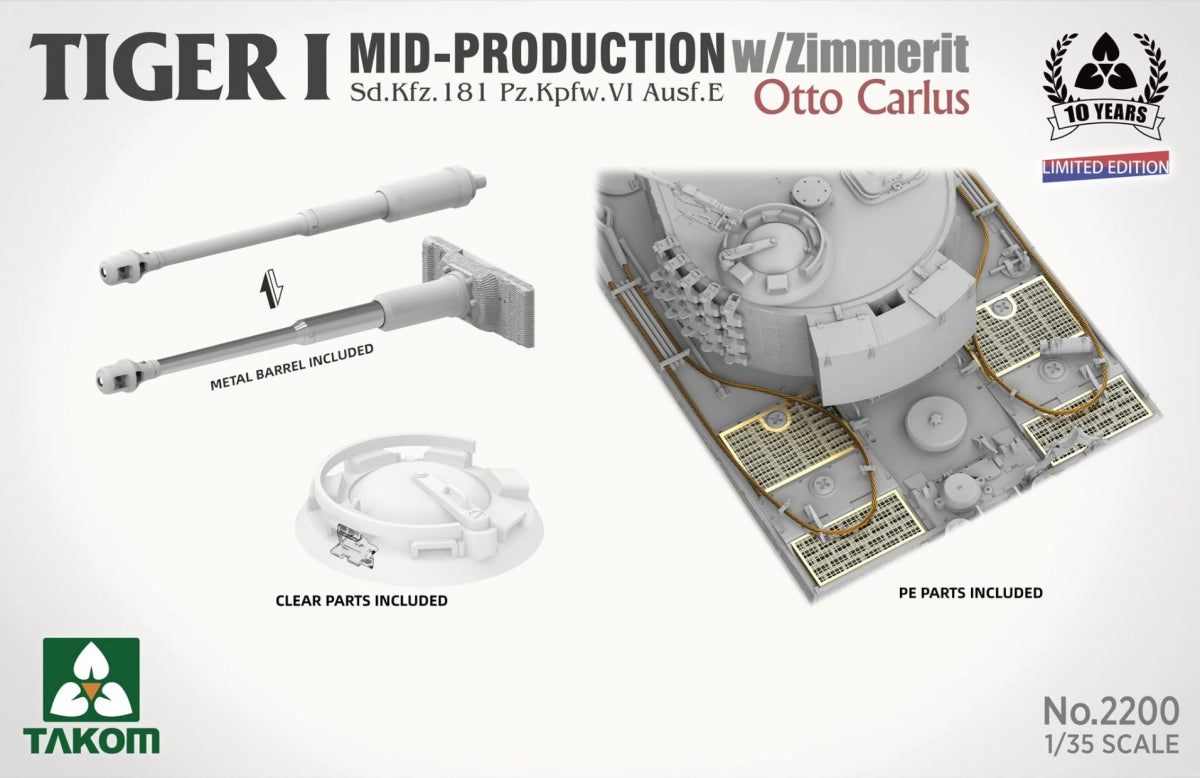 Takom 2200 Tiger I Mid Production w/zimmerit Sd.Kfz. 181 Pz.Kpfw. VI Ausf. E Otto Carius 1/35 – image 5