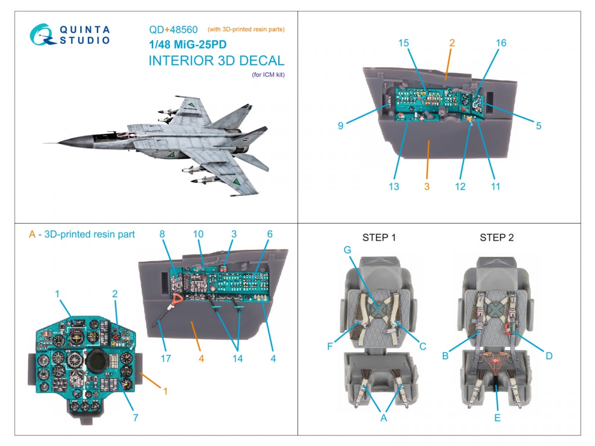 Quinta Studio QD+48560 MiG-25PD 3D-Printed &amp;amp; coloured Interior on decal paper (ICM) (with 3D-printed resin parts) 1/48 – immagine 14