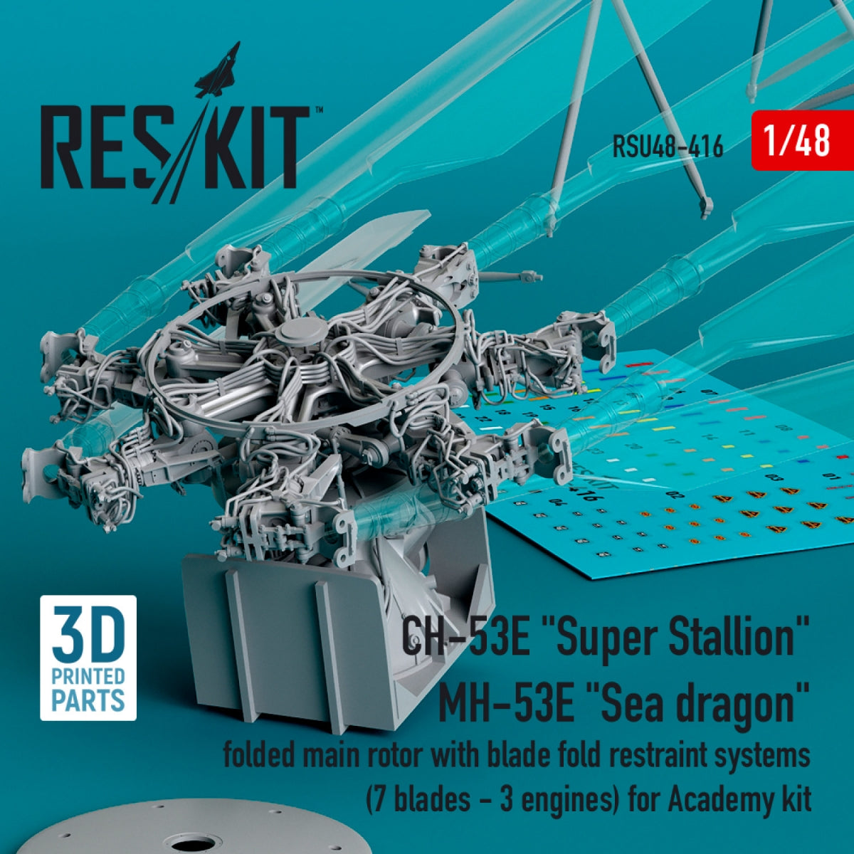 RESKIT RSU48-0416 CH-53E &amp;quot;Super Stallion&amp;quot;, MH-53E &amp;quot;Sea dragon&amp;quot; folded main rotor with blade fold restraint systems (7 blades - 3 engines) for Academy kit (3D printed) 1/48 – Bild 2
